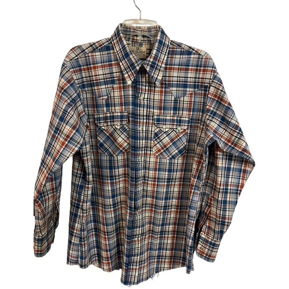 DEE CEE - Vtg Blue Red White Plaid Western Pearl Snap Shirt, Large - Picture 1 of 9